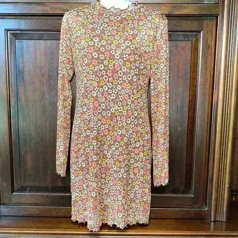 Belle Du Jour Long Sleeve Mock Neck Mesh Dress / Size Large / Boho floral